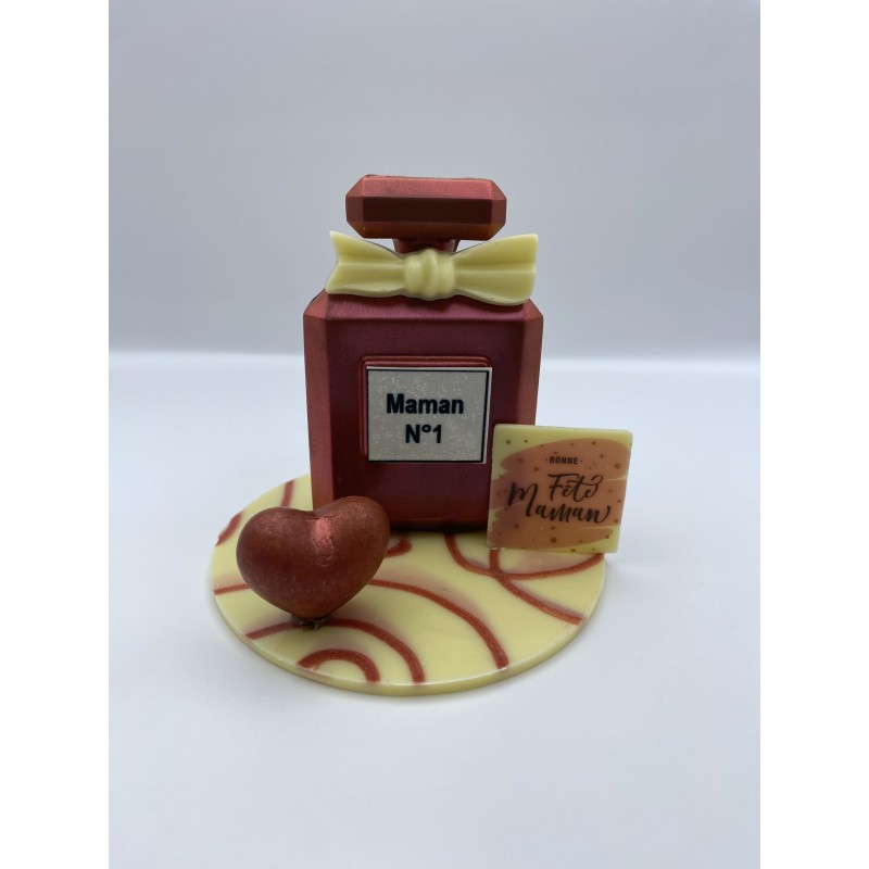 Flacon de parfum en chocolat noir garni de friture coeur